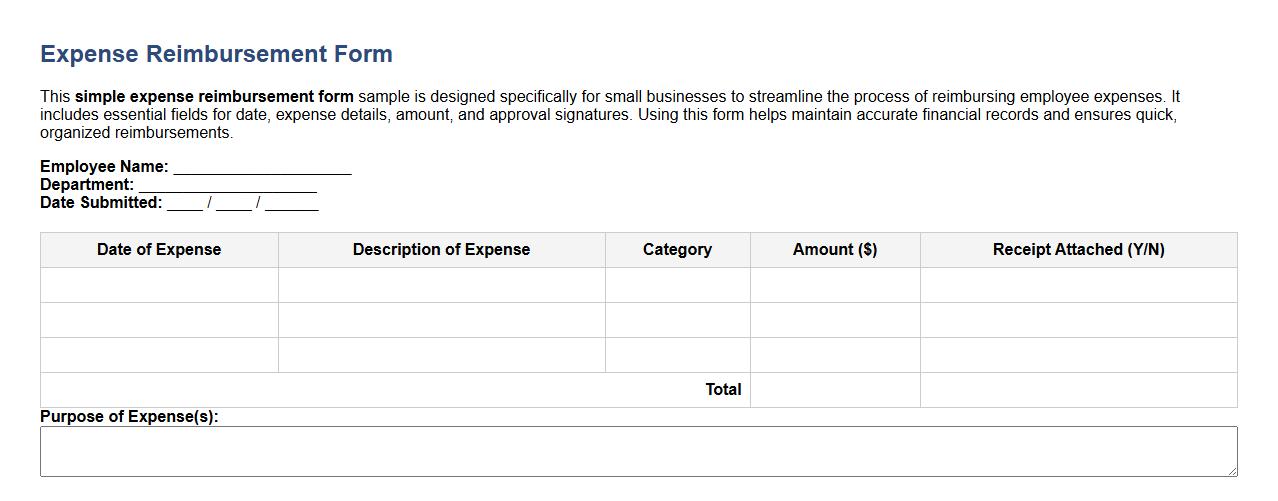 simple expense reimbursement form sample for small business image preview