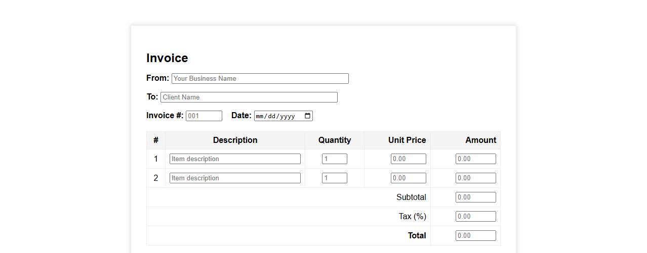 Simple invoice form sample for small businesses image preview