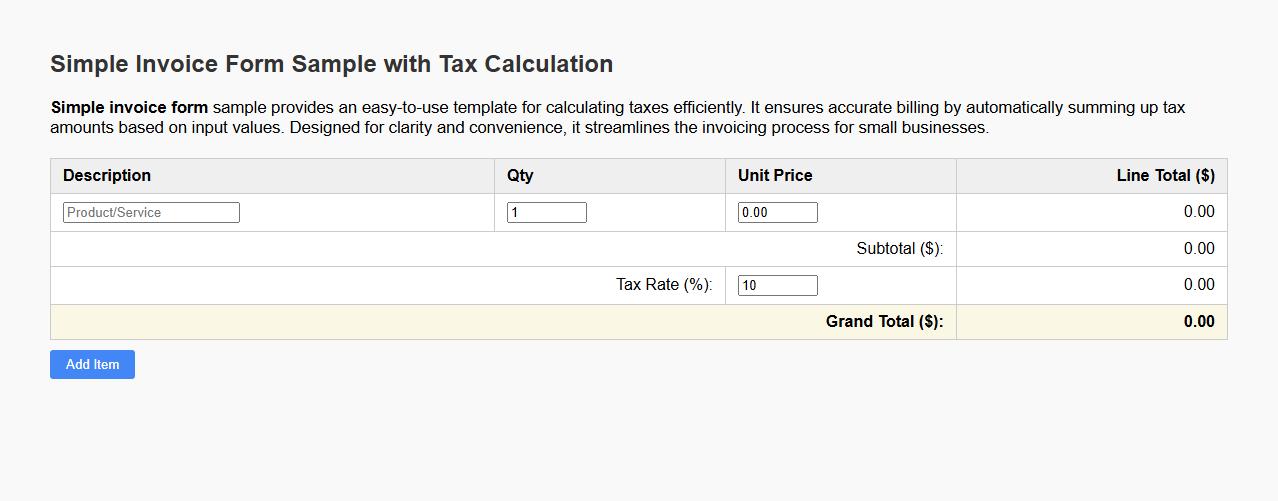 Simple invoice form sample with tax calculation image preview