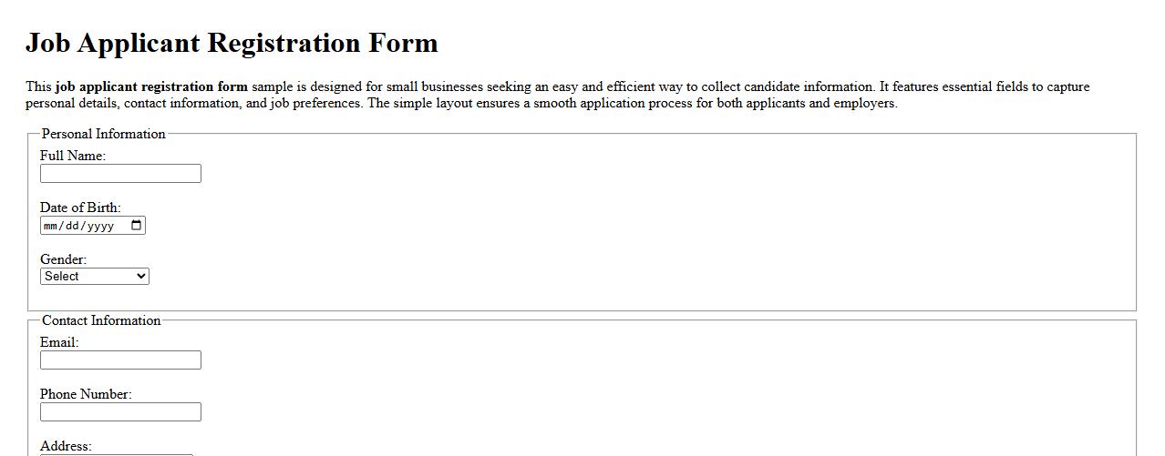 Simple job applicant registration form sample for small business image preview