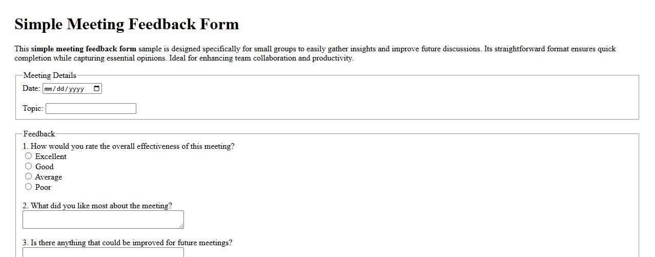 Simple meeting feedback form sample for small groups image preview