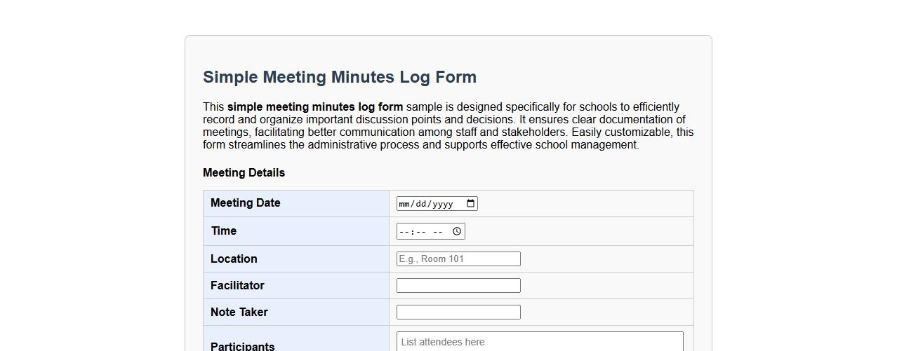 Simple meeting minutes log form sample for schools image preview