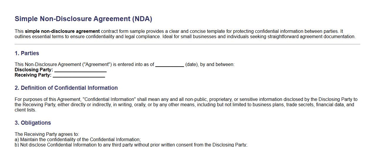 simple non-disclosure agreement contract form sample image preview