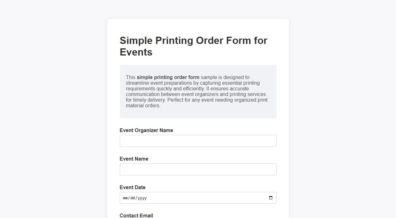 Simple printing order form sample for events image preview