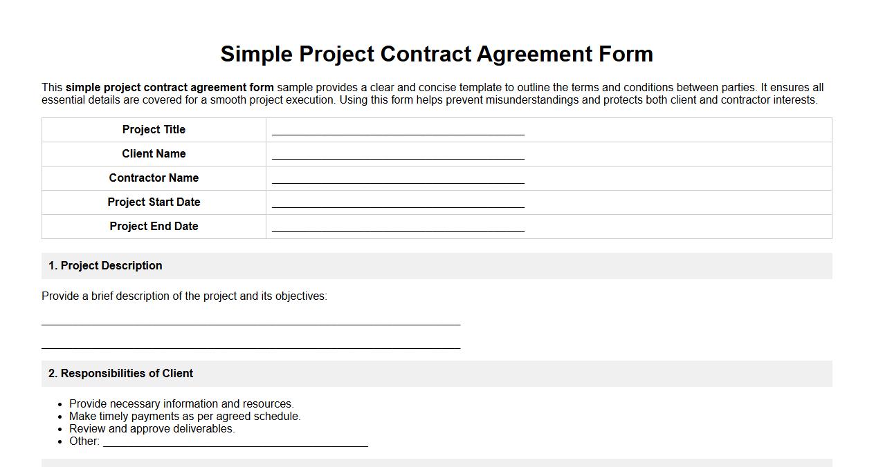 Simple project contract agreement form sample image preview