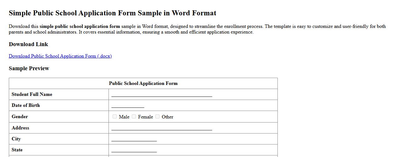 Simple public school application form sample in Word format image preview