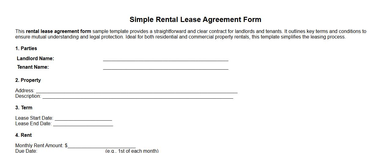simple rental lease agreement form sample template image preview