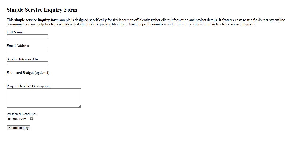 simple service inquiry form sample for freelancers image preview