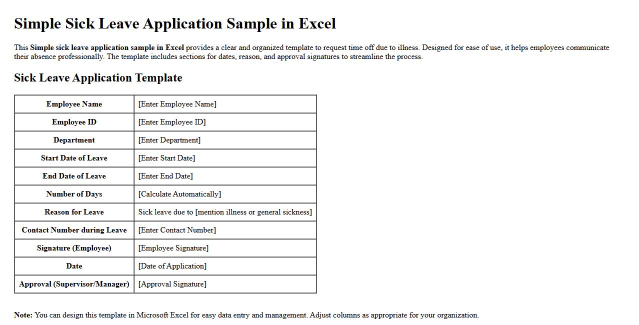 Simple sick leave application sample in Excel image preview