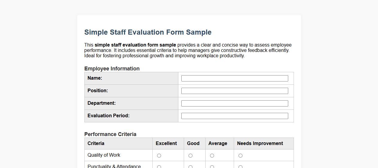 simple staff evaluation form sample image preview