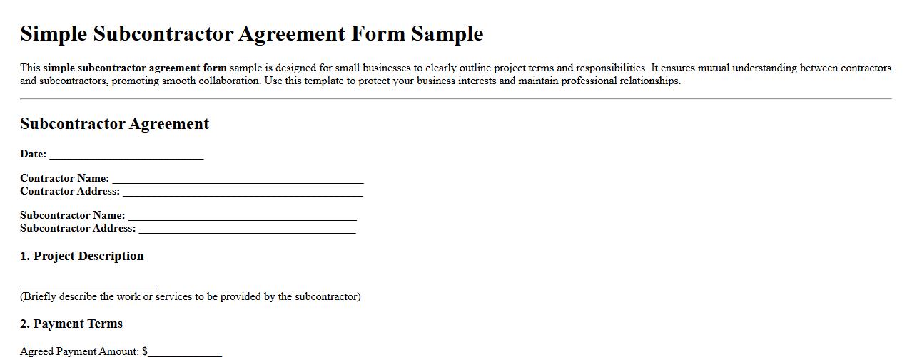 Simple subcontractor agreement form sample for small businesses image preview