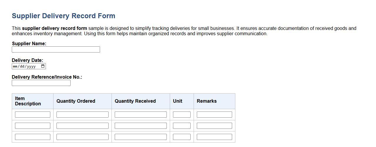 Simple supplier delivery record form sample for small business image preview