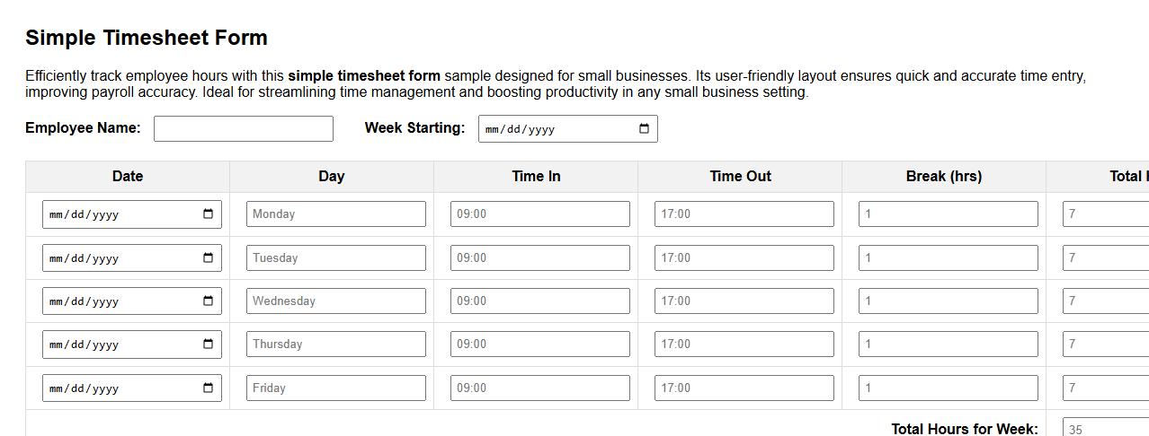 simple timesheet form sample for small business image preview
