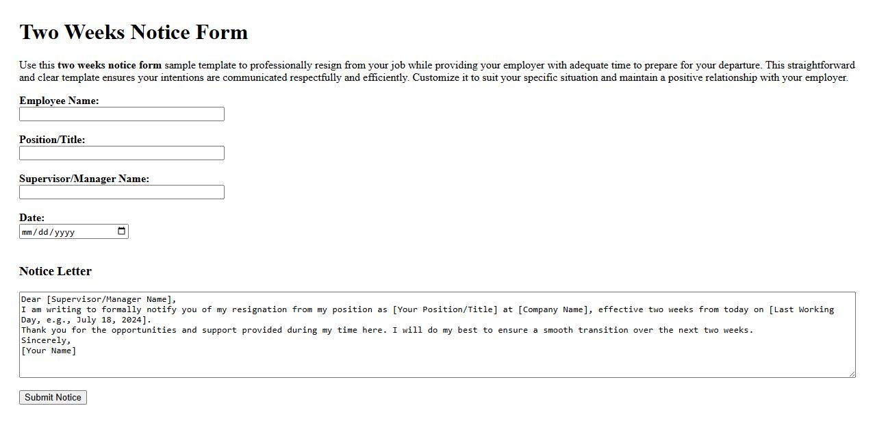 simple two weeks notice form sample template image preview