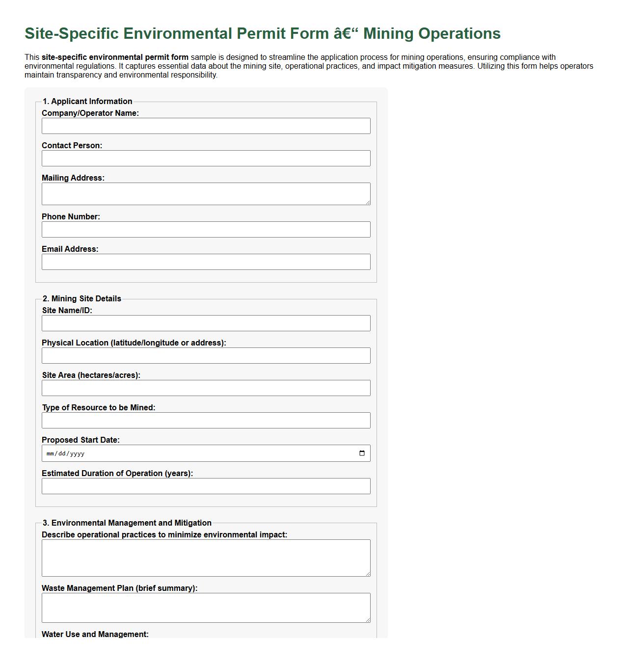 Site-specific environmental permit form sample for mining operations image preview