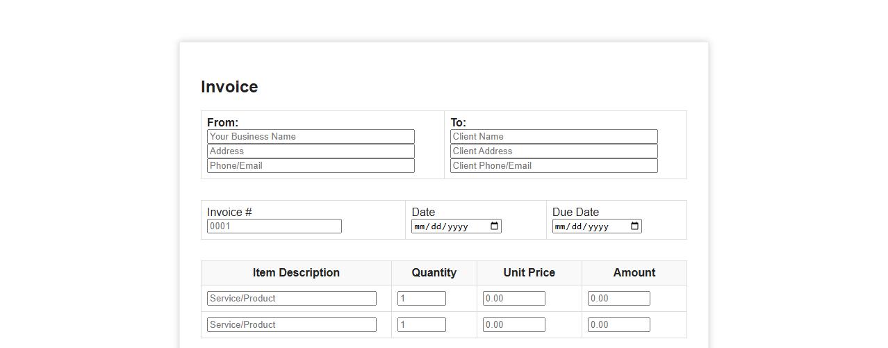 small business invoice form with itemized list image preview