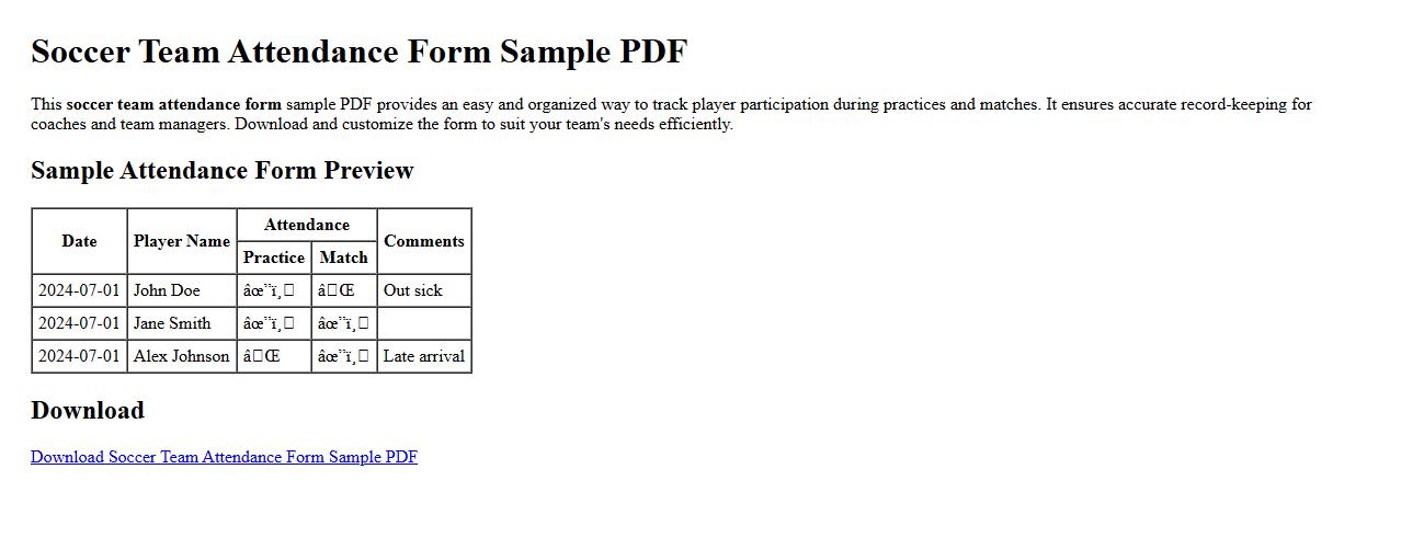 Soccer team attendance form sample pdf image preview