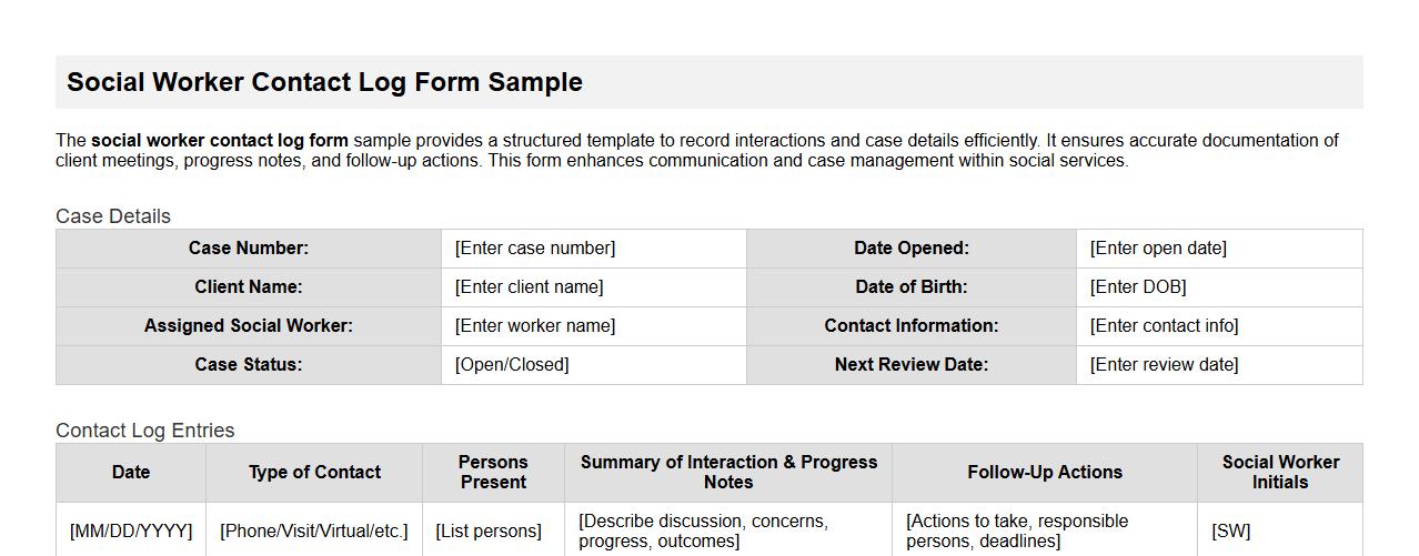 Social worker contact log form sample with case details image preview
