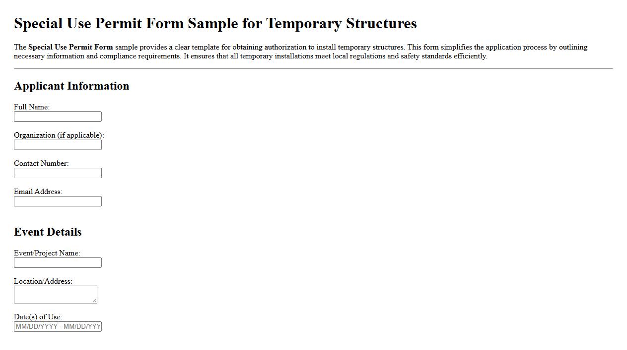 Special Use Permit Form Sample for Temporary Structures image preview