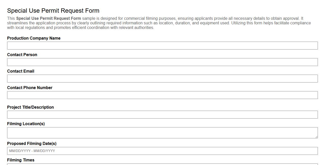 Special Use Permit Request Form Sample for Commercial Filming image preview