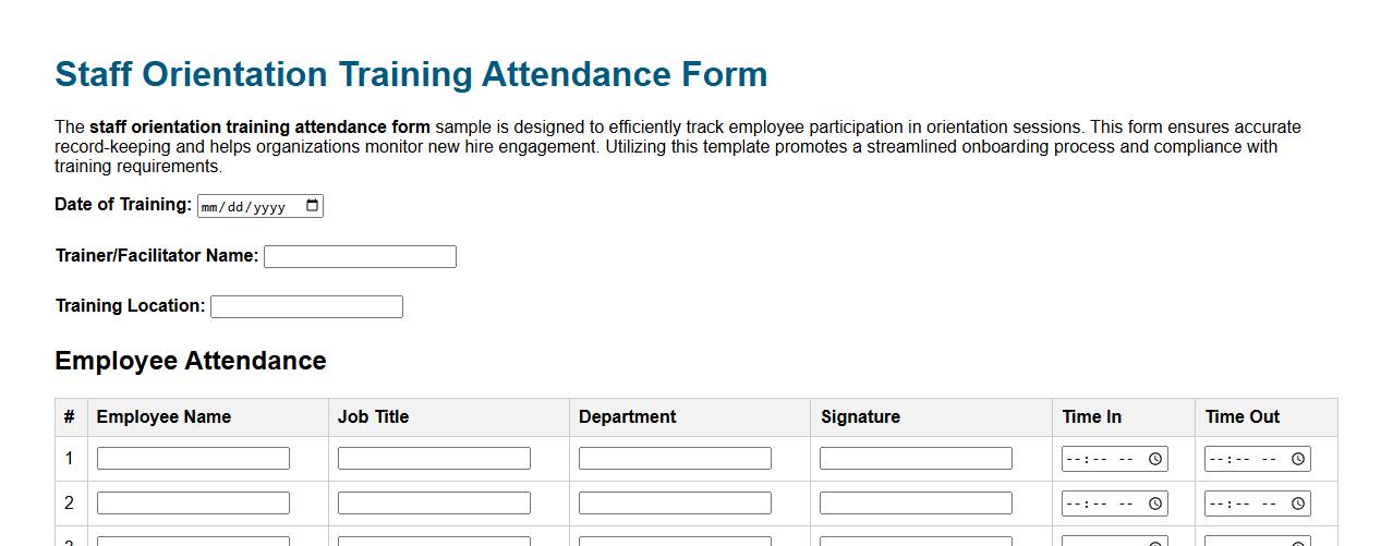 Staff orientation training attendance form sample image preview