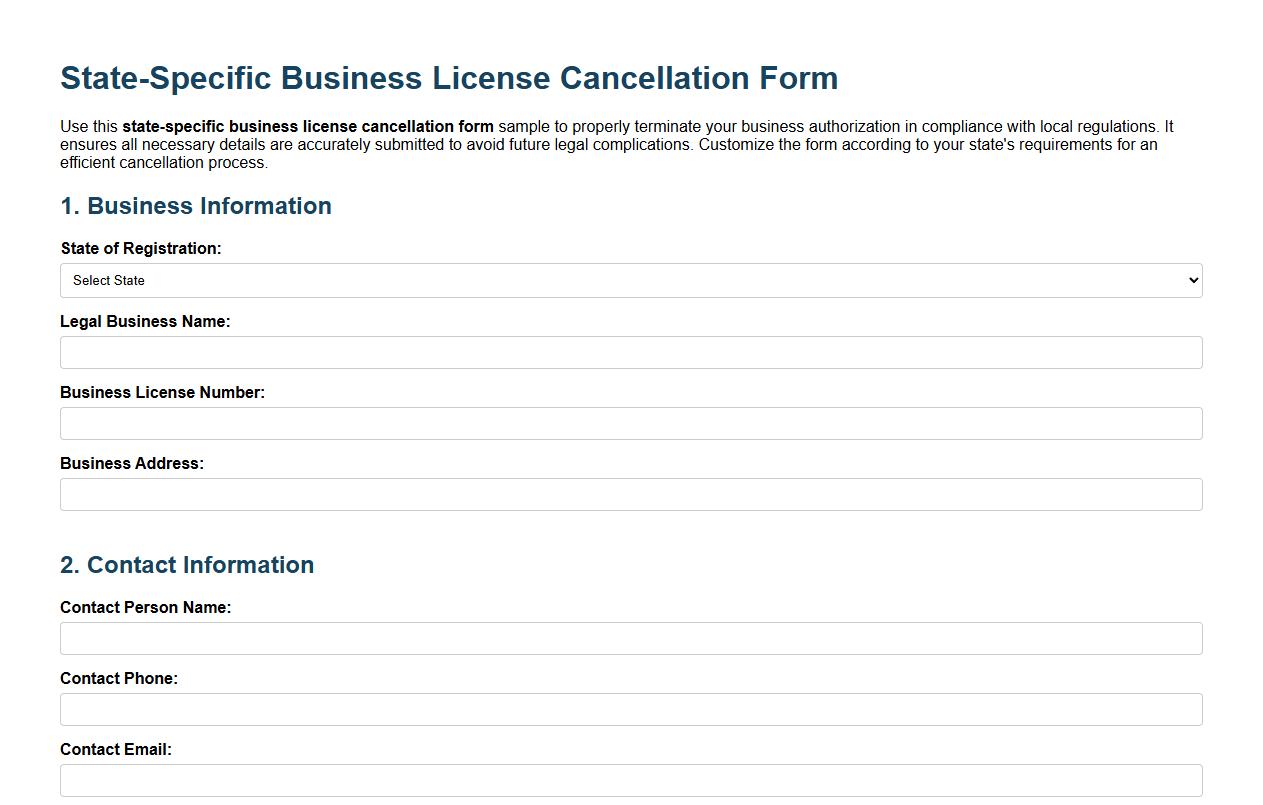 State-specific business license cancellation form sample image preview