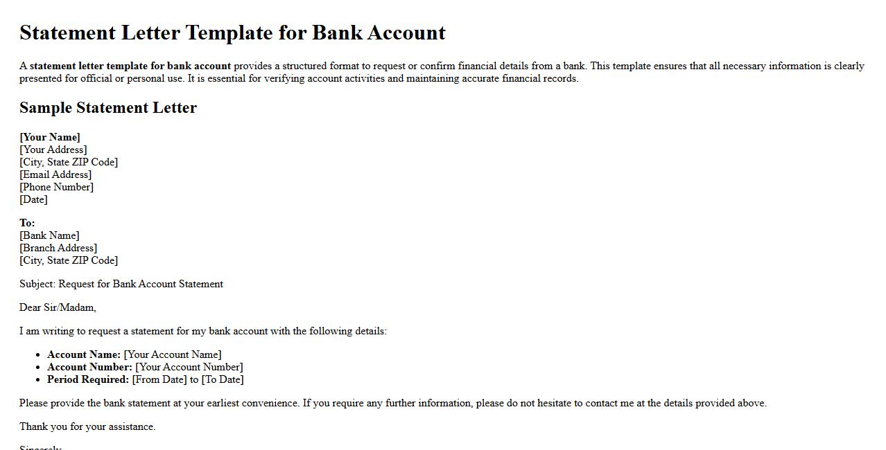 Statement letter template for bank account image preview