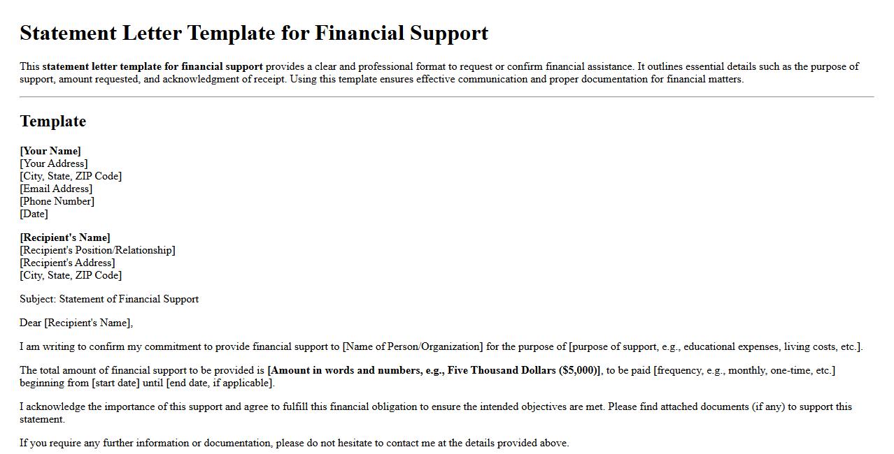 Statement letter template for financial support image preview