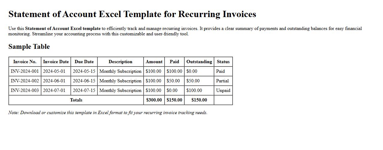 Statement of account Excel template for recurring invoices image preview