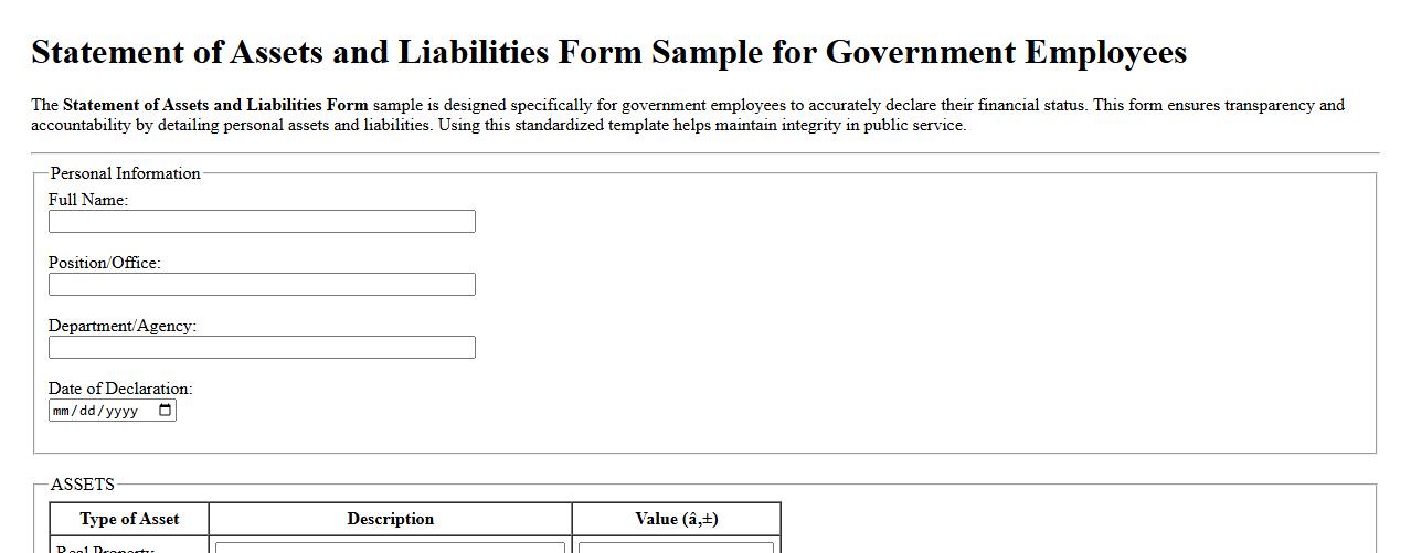 Statement of Assets and Liabilities Form Sample for Government Employees image preview