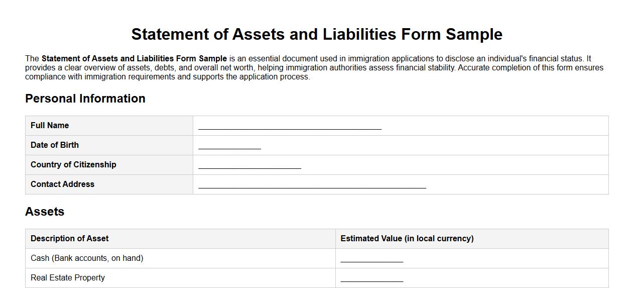 Statement of Assets and Liabilities Form Sample for Immigration Purposes image preview
