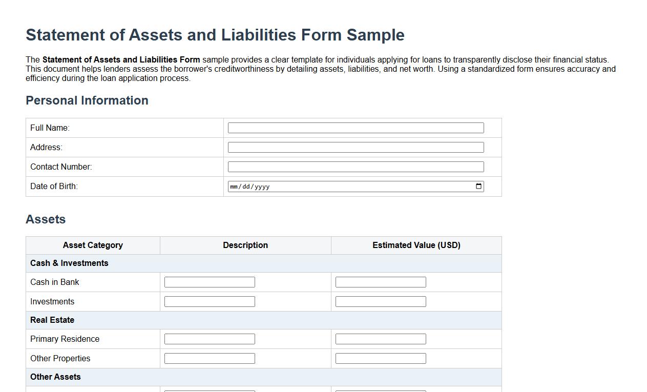 Statement of Assets and Liabilities Form Sample for Loan Application image preview