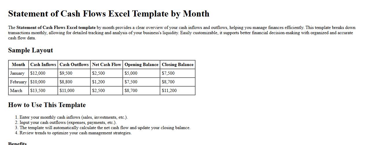 Statement of Cash Flows Excel template by month image preview