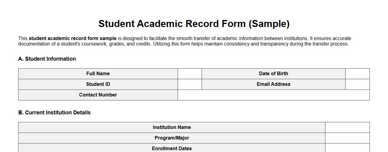 Student academic record form sample for transfer image preview