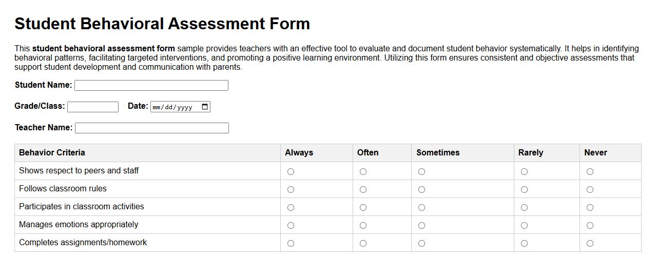Student behavioral assessment form sample for teachers image preview