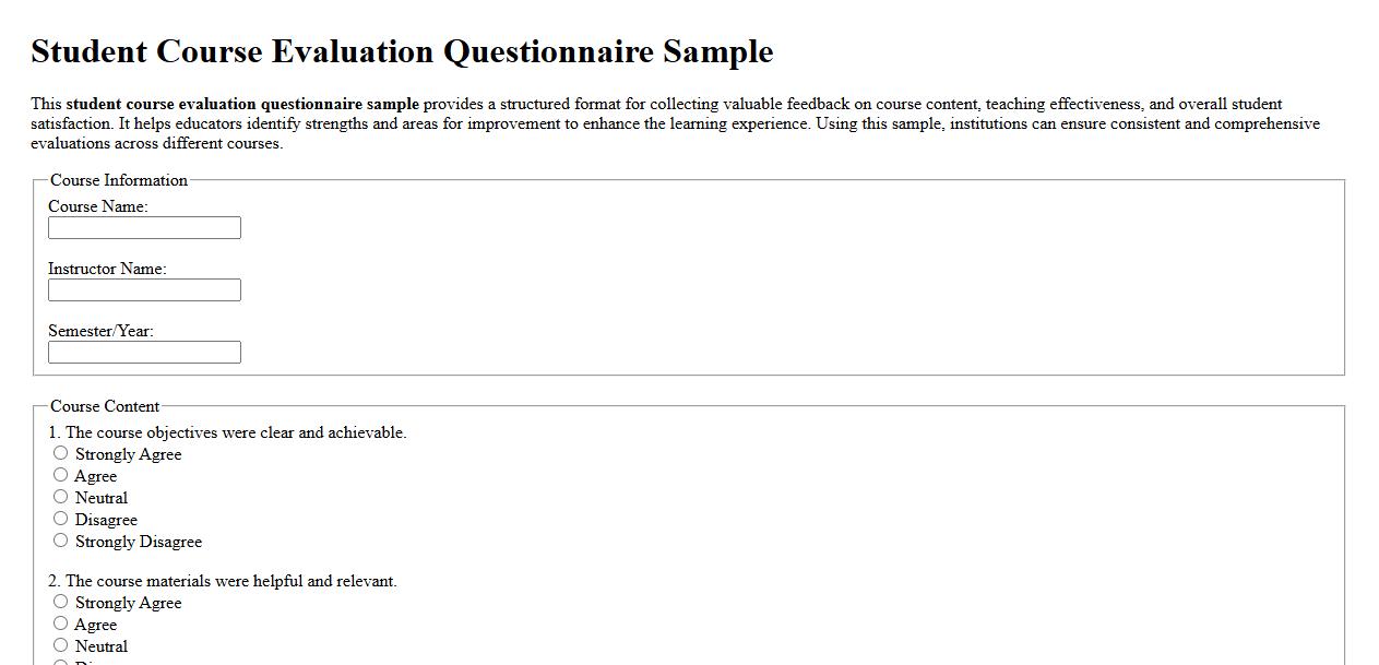 student course evaluation questionnaire sample image preview