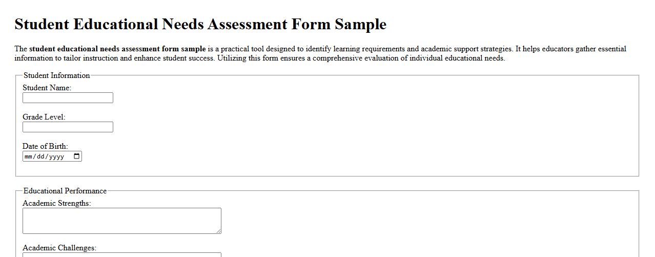 Student educational needs assessment form sample image preview