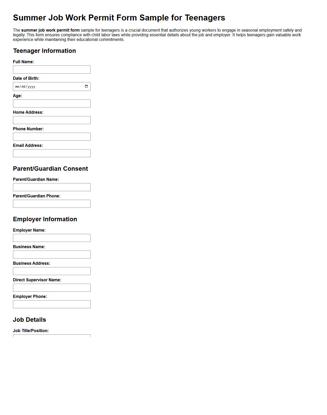 summer job work permit form sample for teenagers image preview