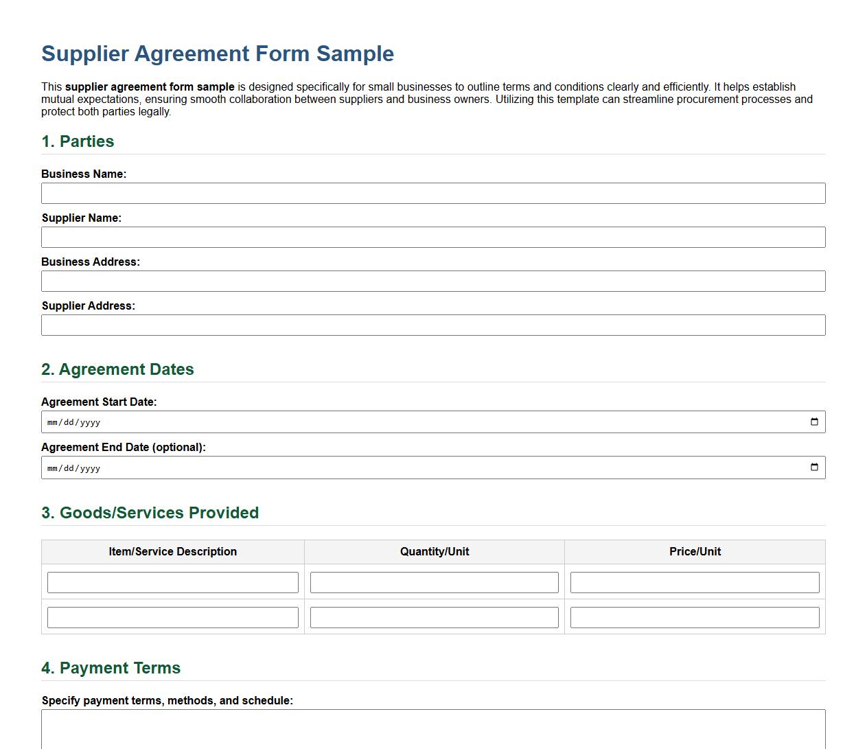 Supplier agreement form sample for small business image preview