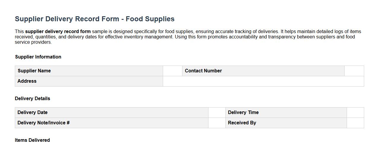 Supplier delivery record form sample for food supplies image preview