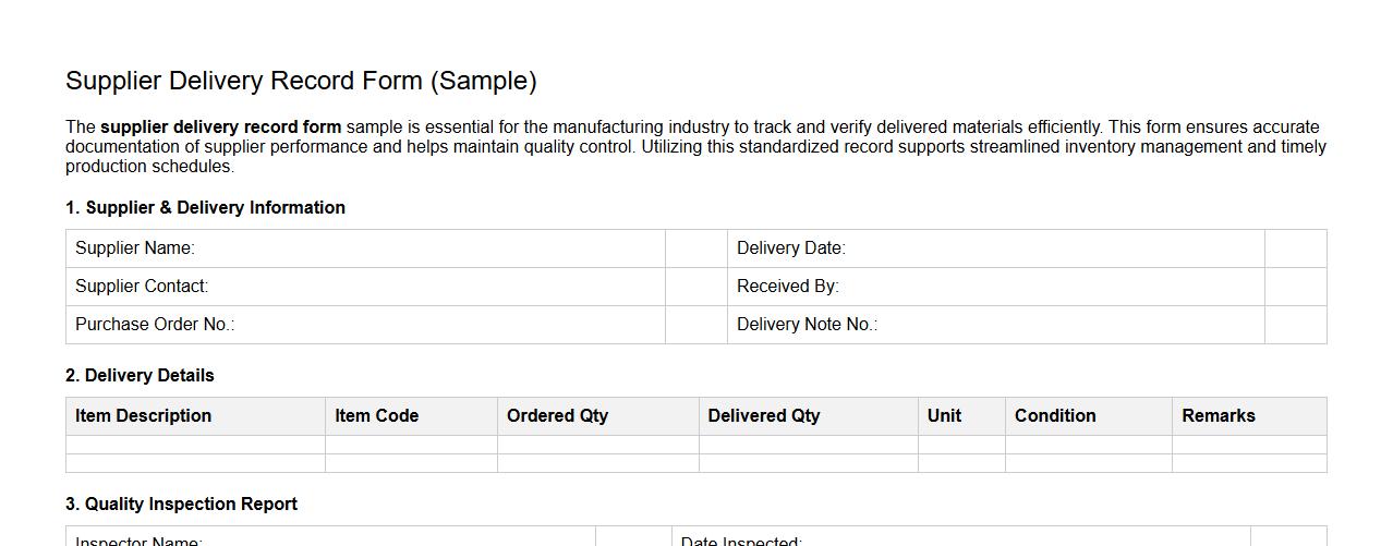 Supplier delivery record form sample for manufacturing industry image preview