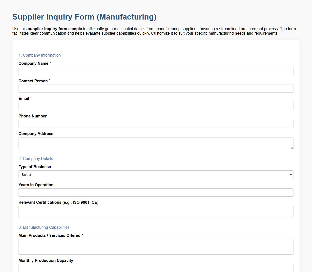 supplier inquiry form sample for manufacturing suppliers image preview