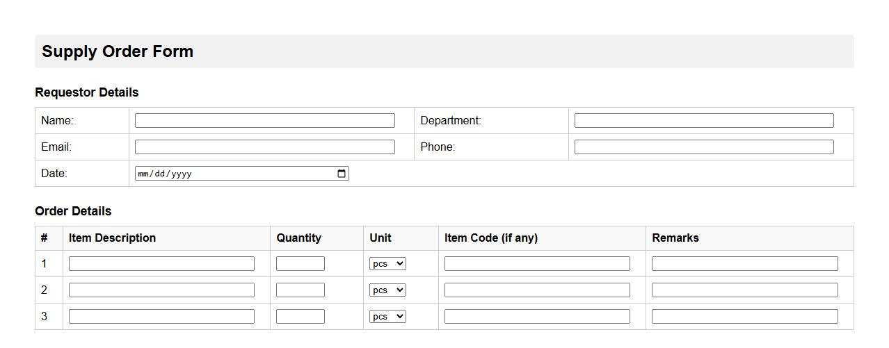 Supply order form sample including delivery instructions image preview