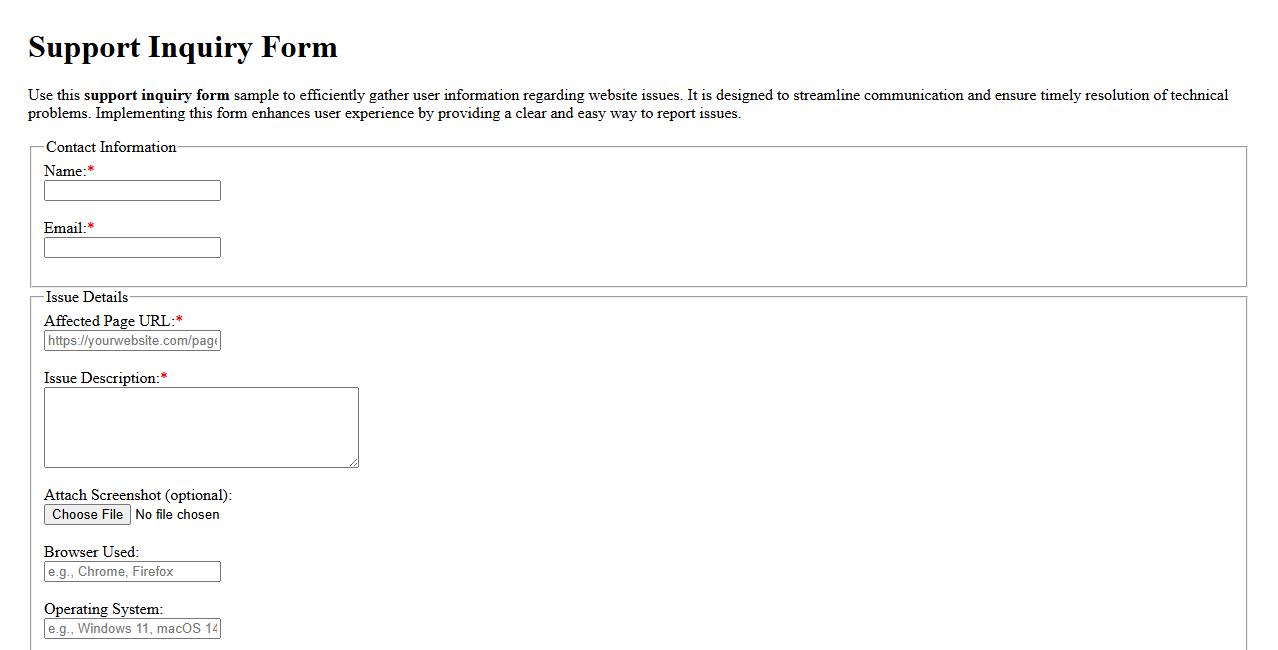 support inquiry form sample for website issues image preview