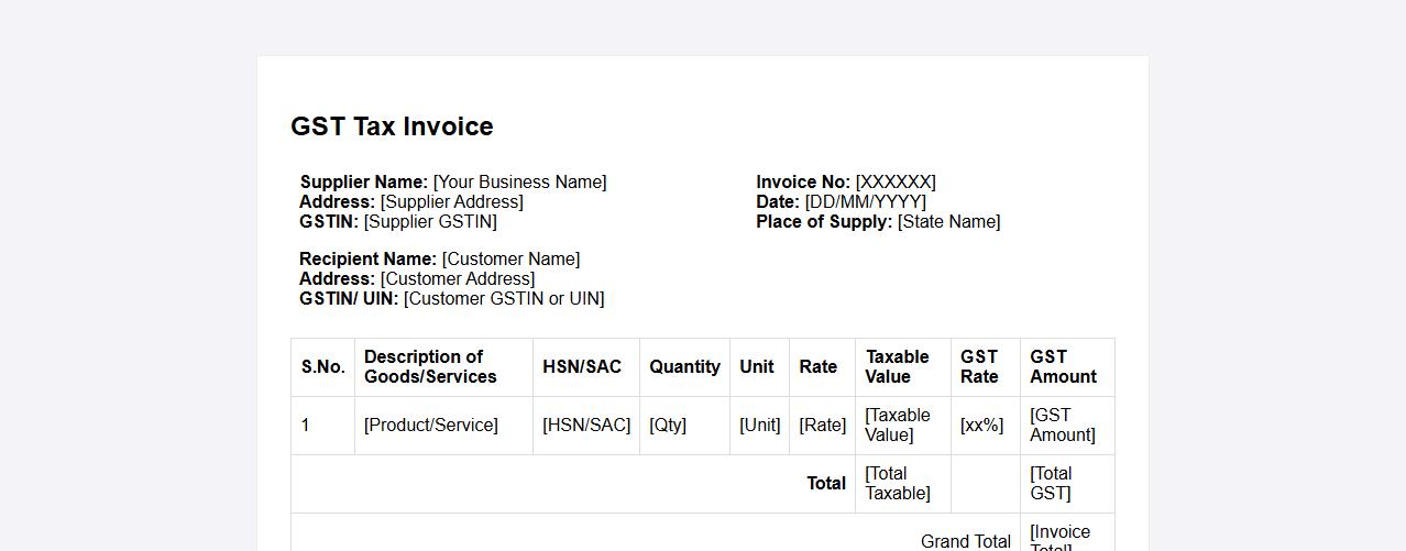 Tax-compliant invoice template sample for GST image preview