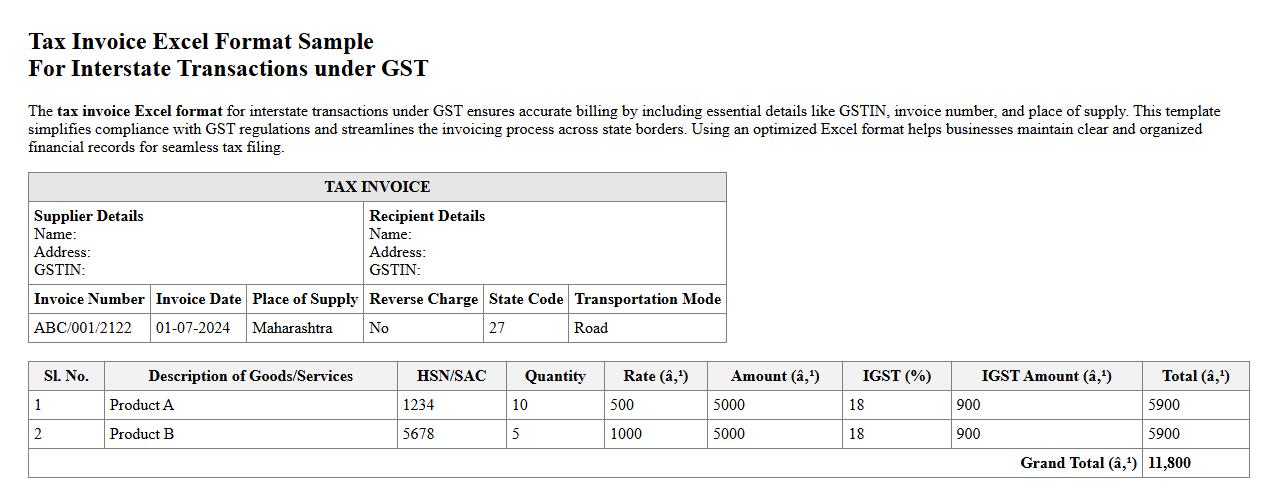 Tax invoice excel format for interstate transactions under GST image preview