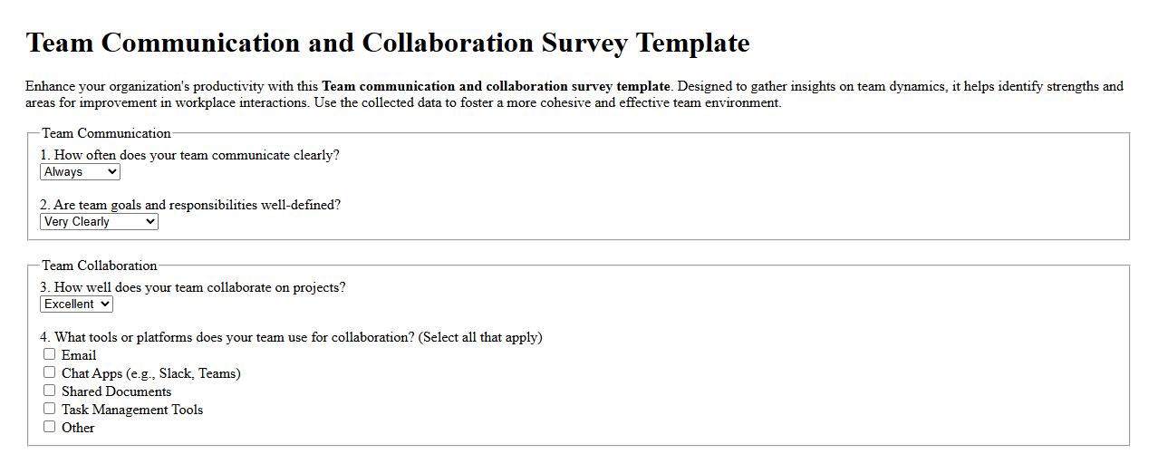 Team communication and collaboration survey template image preview
