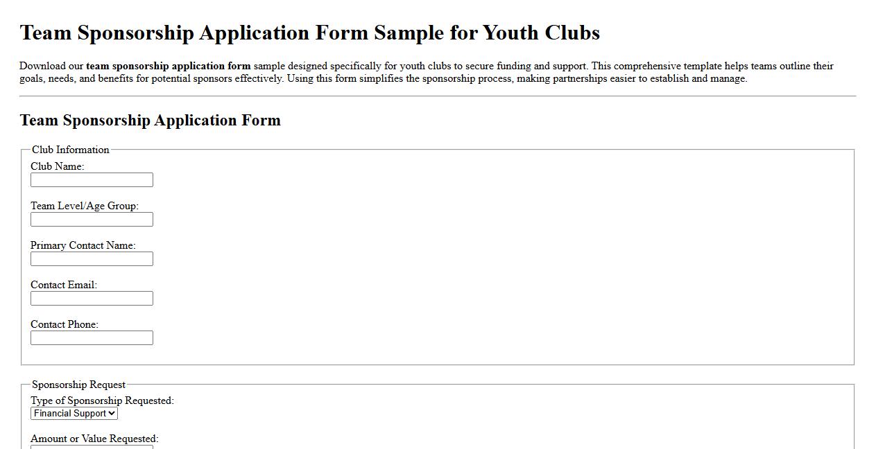 Team sponsorship application form sample for youth clubs image preview