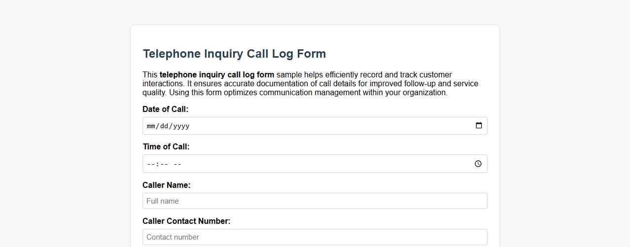 telephone inquiry call log form sample image preview