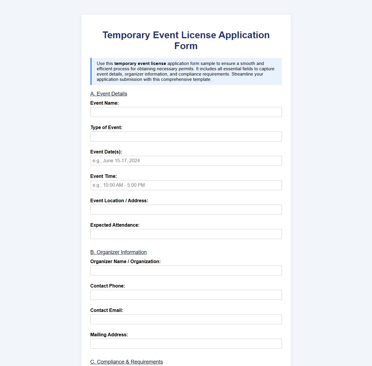 Temporary event license application form sample image preview